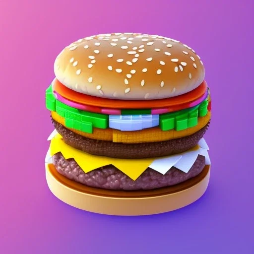 Tiny cute isometric modell of voxel burger, soft smooth lighting, with soft colors, 100mm lens, 3d blender render, trending on polycount, modular constructivism, blue background, physically based rendering, centered well within frame.