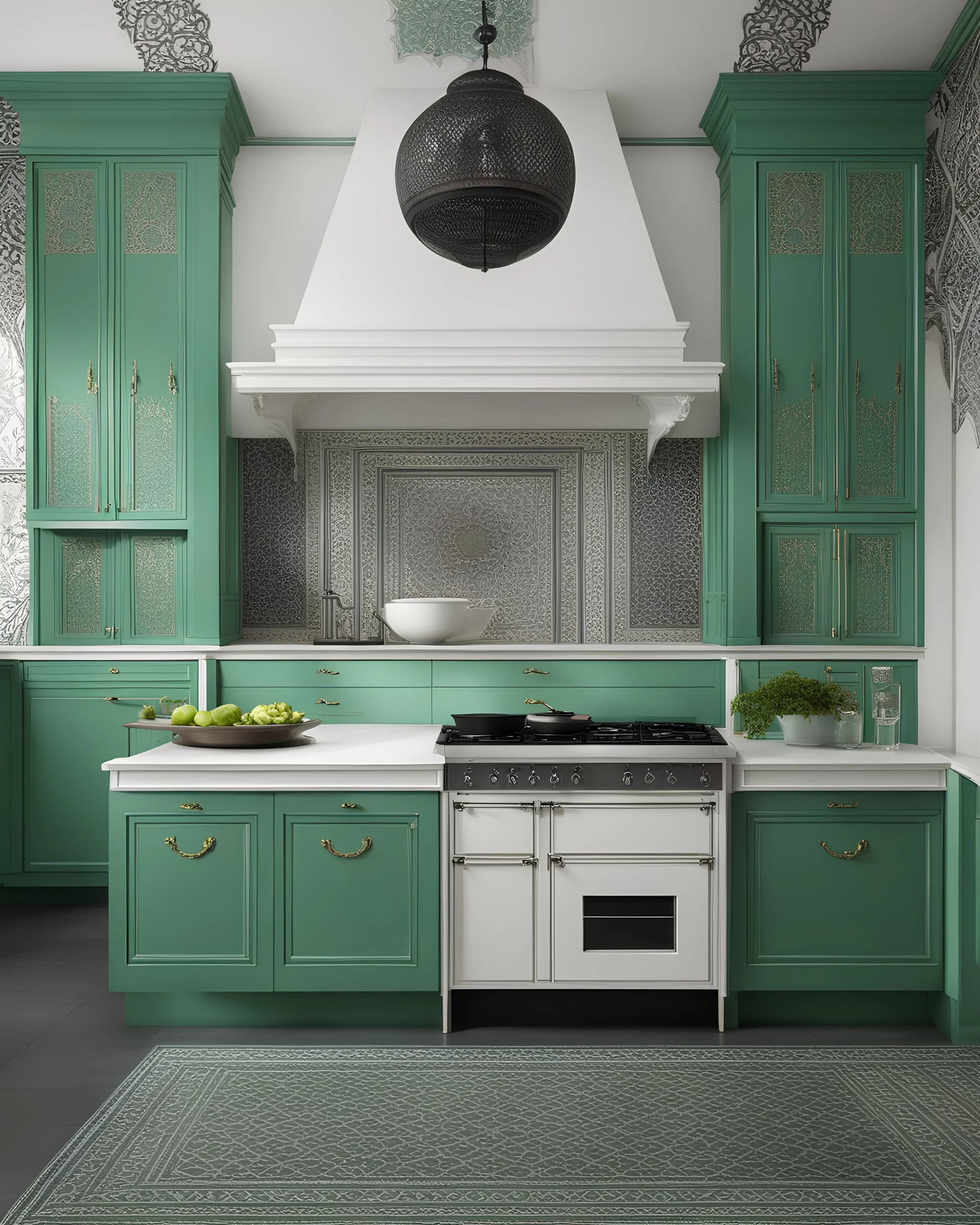 gothic and islamic mixed kitchent , white and mint green,hyperrealistic