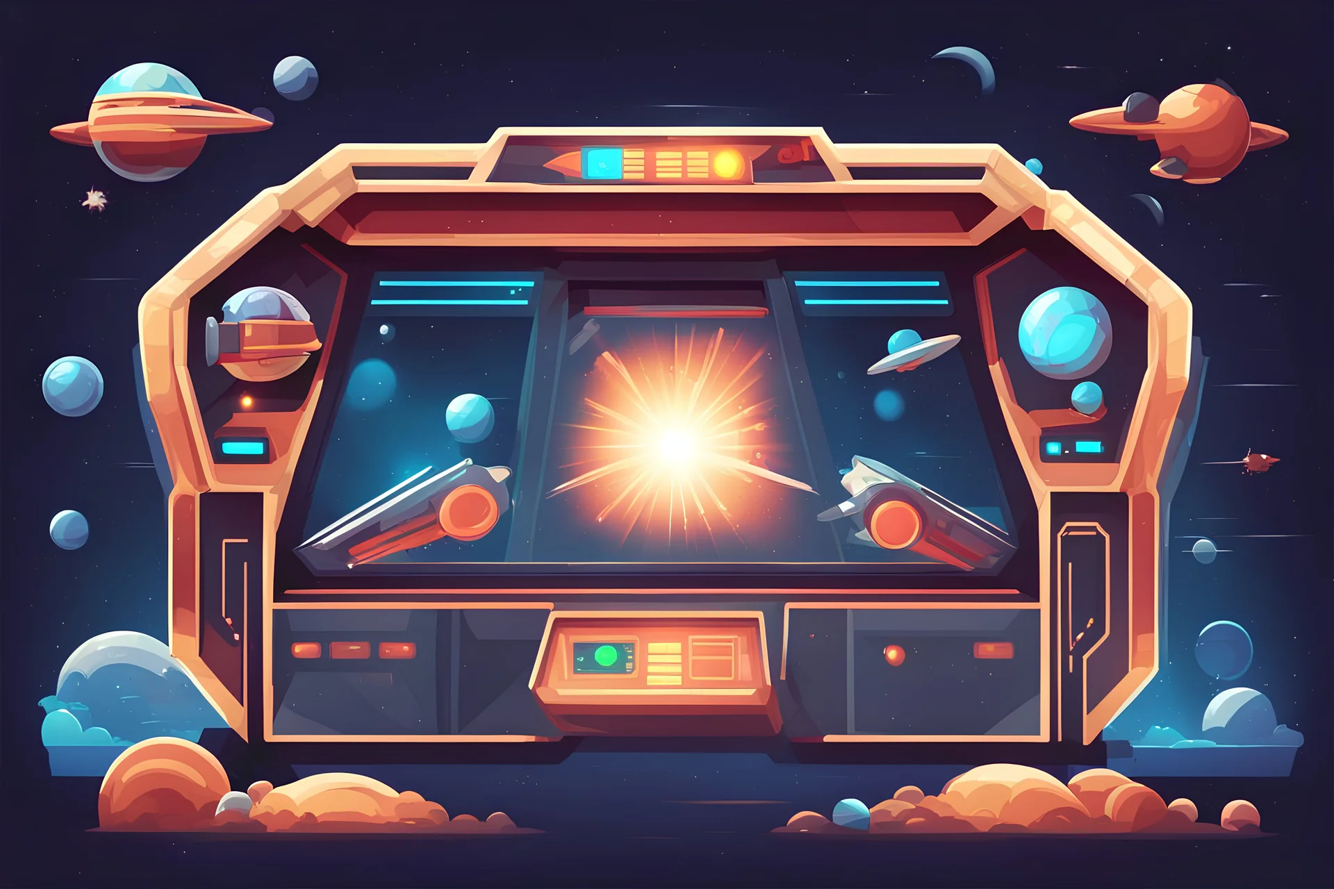arcade screen , space shooter game, , front view, vector style