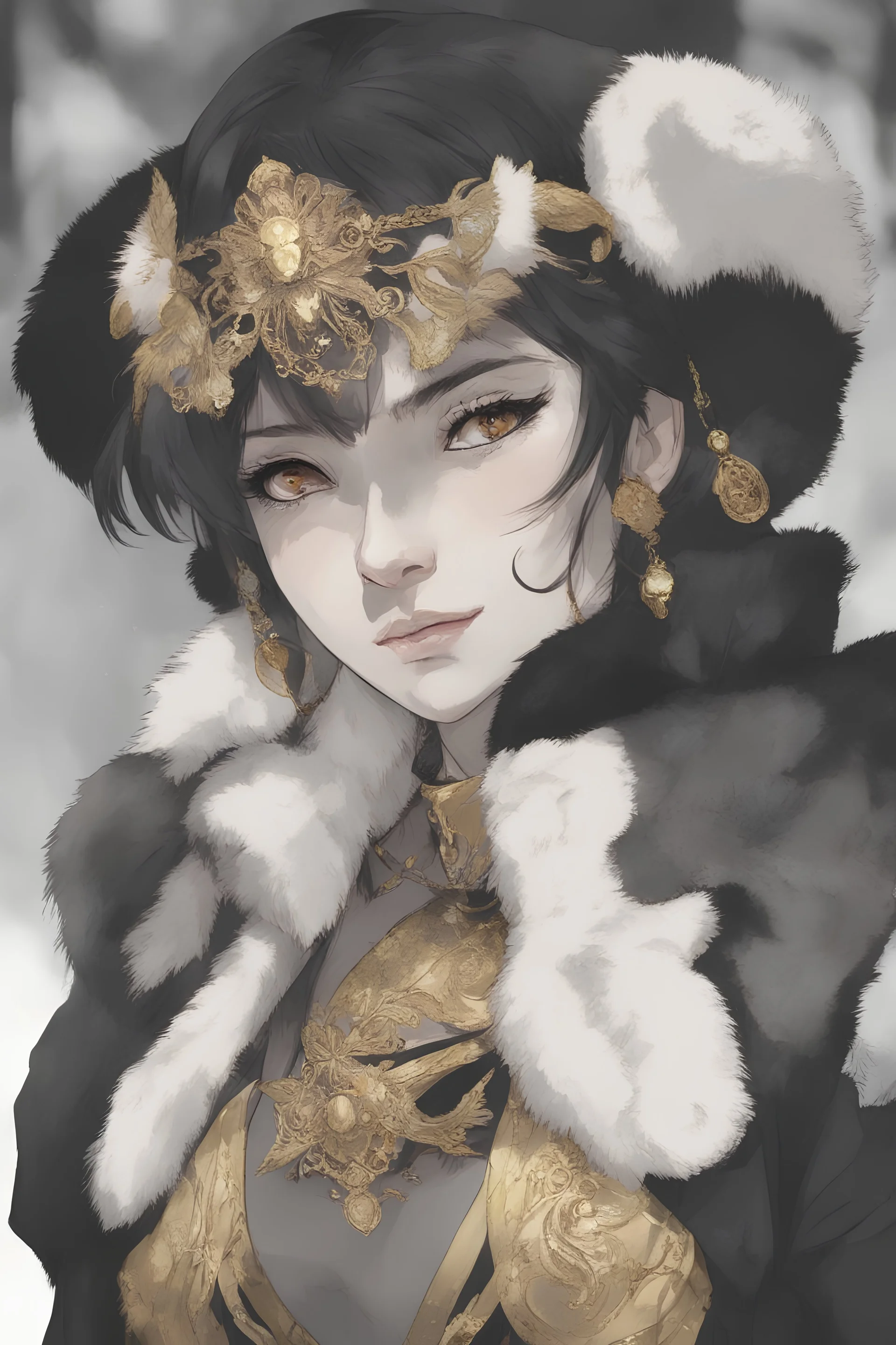 A dnd character sheet. A woman dressed for the cold north in black and white furs, with black hair and gold eyes.