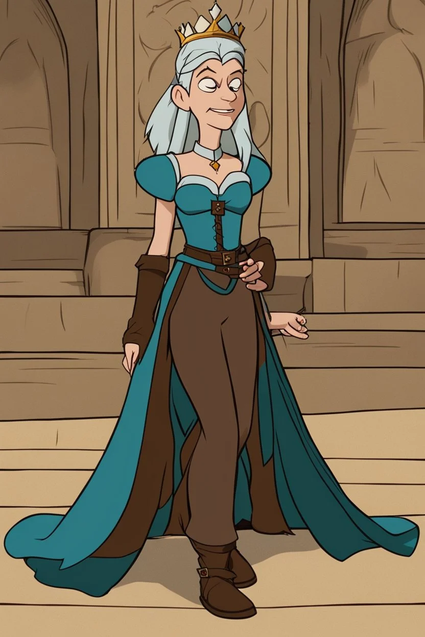 [Disenchantment, Bean] Queen Bean's royal attire was as unconventional as her personality. She wore a cyan tunic with white sleeves, brown leggings, and tied dark brown boots. A brown leather corset-like bodice cinched her figure, emphasizing her readiness for action. The belt, with a silver buckle, held a variety of pouches and tools, a testament to her readiness for any escapade that might come her way. Her freckled face bore a playful smirk, and her buck teeth and overbite lent her an endea