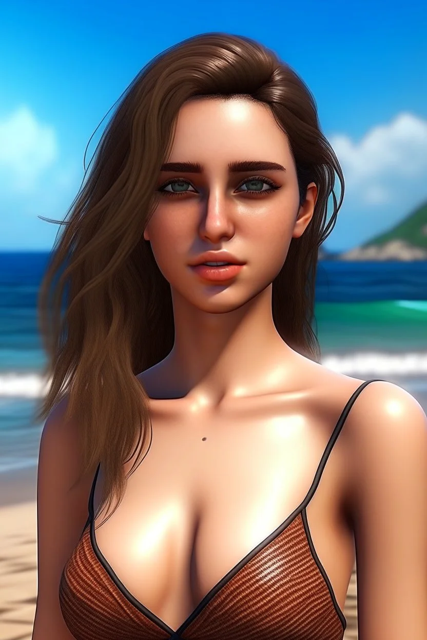 Frau, 26-jährig, realistische Haut, realistische Haare, lasziver Blick, bikini am strand.