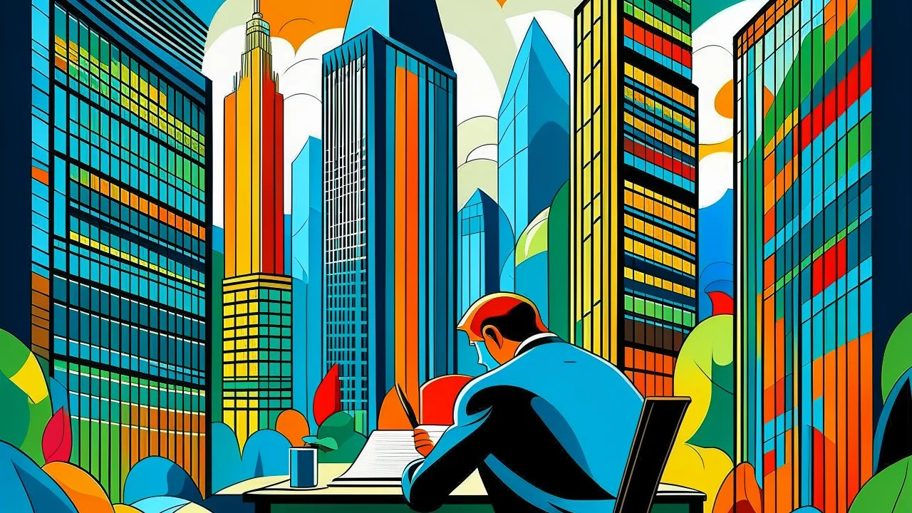 man working with a background of skyscrapers, in the style of henri matisse - n 4 - g - g n 4 - s 1 5 0 - s 1 5 0 1 5 0 @ ą sb