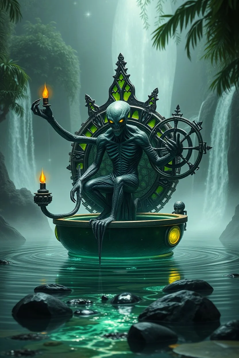 action figure of a crucified alien necrophyte electric eel necromancer on round swamp transparent glass obcidian boat beholder eye wheel throne in a charged foggy jungle starry waterfall, blur background to make character pop out