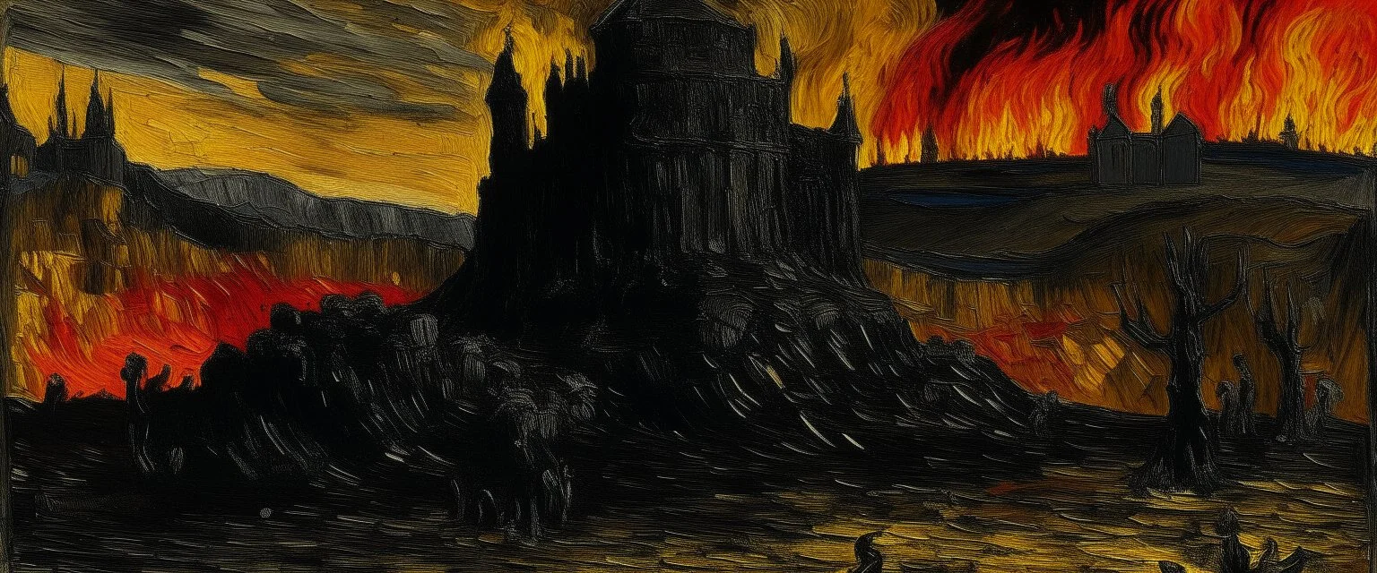 A black castle surrounded in lava painted by Vincent van Gogh