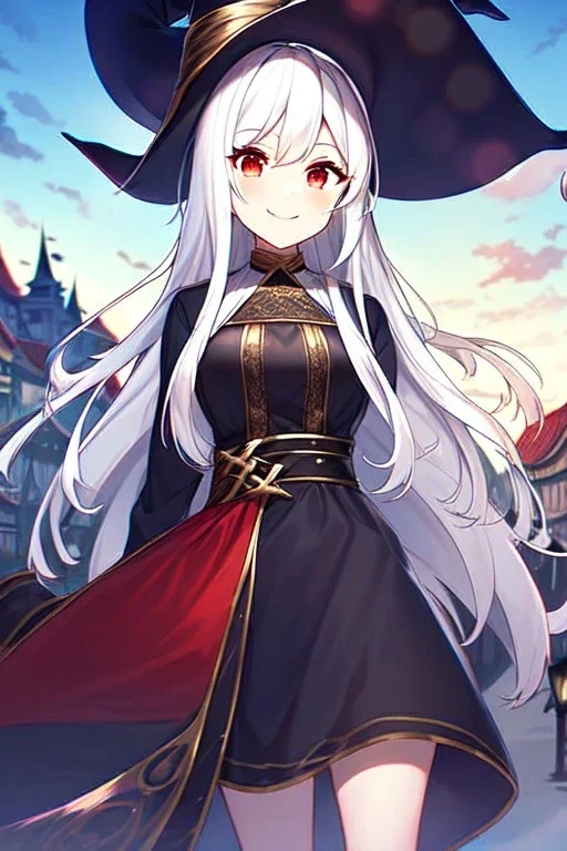 girl, masterpiece, best quality, cinematic lighting, detailed outfit, vibrant colors, perfect eyes, long hair, white hair, red eyes, witch outfit, smile, angry, landscape, town,