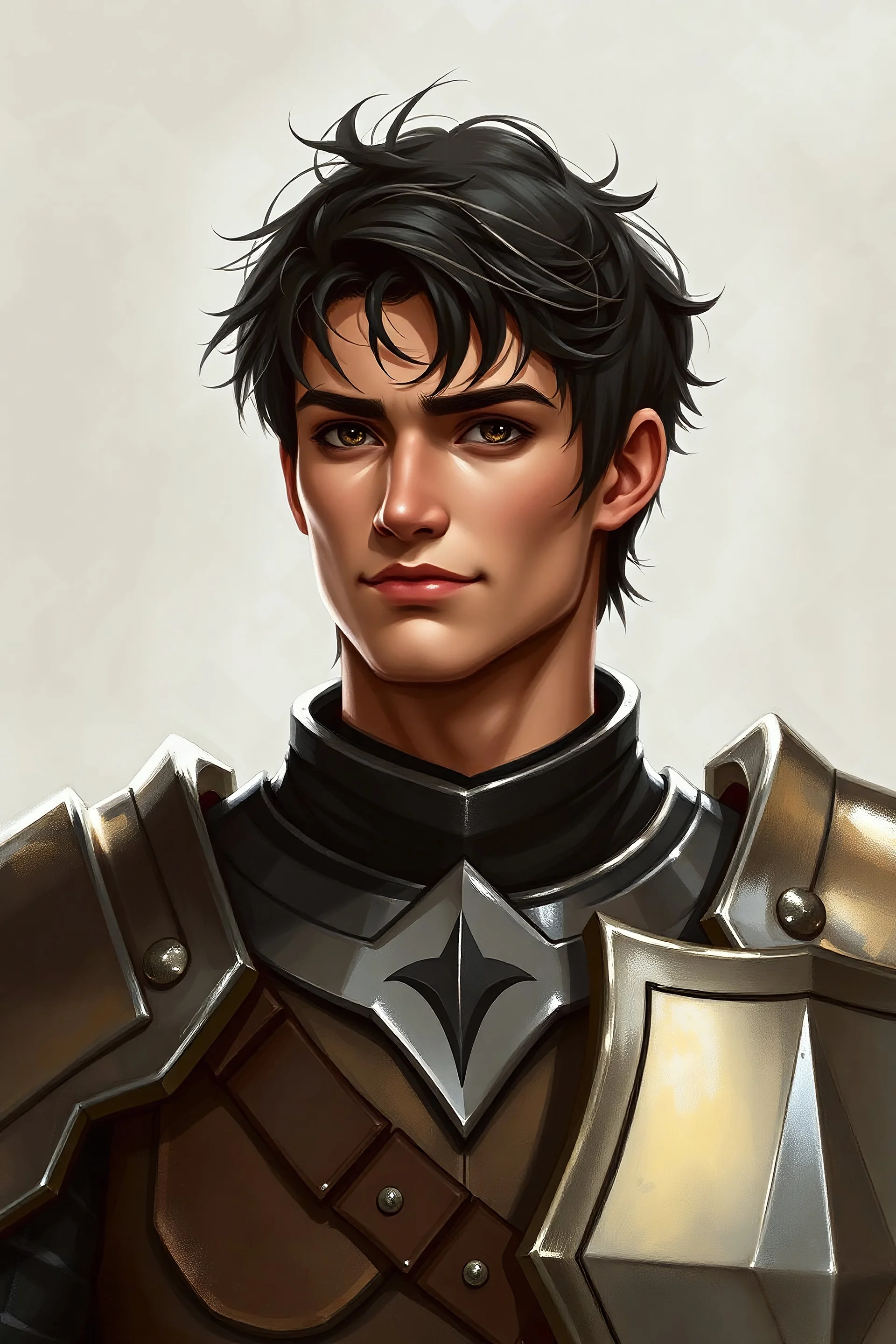 For DND character portrait: human male, tan in shining armor. dark brown eyes. Short messy hair. He is about 23 years old. Dark hair, and black and silver armor. very short hair. smirking