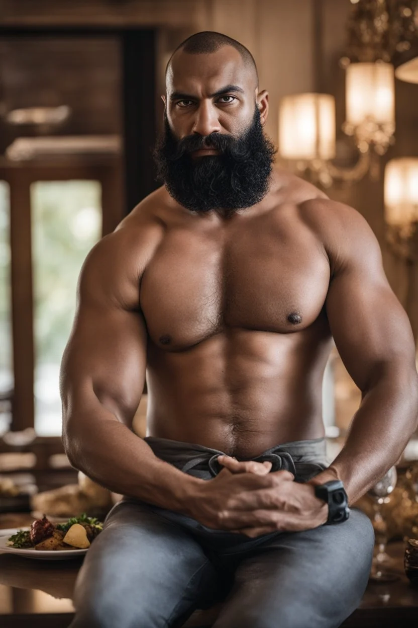 full figure shot photography of a burly ugly 30 year old italian boxer with big broken nose, very long muslim black beard, muscular beefy man shirtless, manly chest, big shoulders, shaved hair, bulge, in a modern dinner room, photorealistic