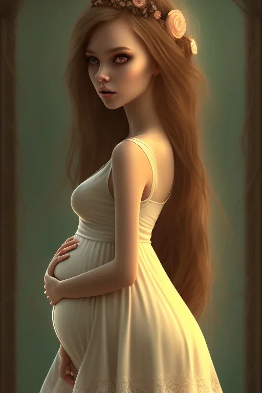 girl, cute, beautiful, pregnant, cottagecore dress, long hair, brown hair, wedding ring