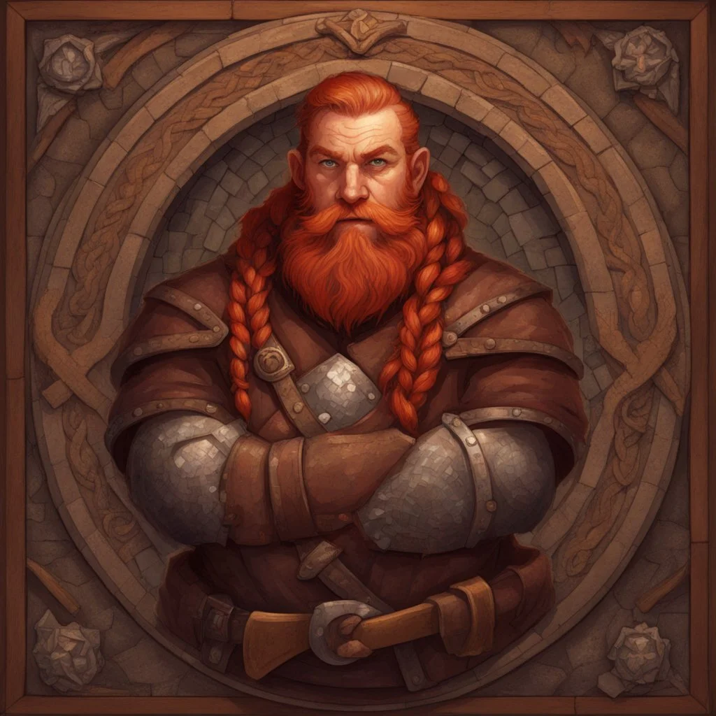 Dnd, fantasy, portrait, only face, dwarf, blacksmith, a medieval mosaic, kind, hearthy, red hair, braided beard