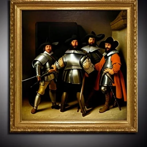 oil portrait of The Three Musketeers and d'artagnan with armor by Rembrandt 8k