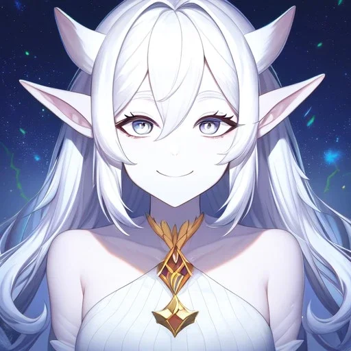 cosmic mage, elf, female, cosmic magic, long ears, white hair, face details, pale skin, jewellery, broad shoulders, sharp ears, cosmic clothes, cosmic eyes, ears shown, the cosmos in eyes, shining eyes, thin face, detailed ears, magical eyes, closed mouth, make up, smiling face, happy face, pointy ears