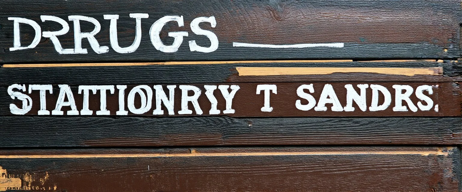 a hand painted sign on dark painted wood planks, first line says "DRUGS", second line (Smaller) says "STATIONERY T SANDERS", on a brown background