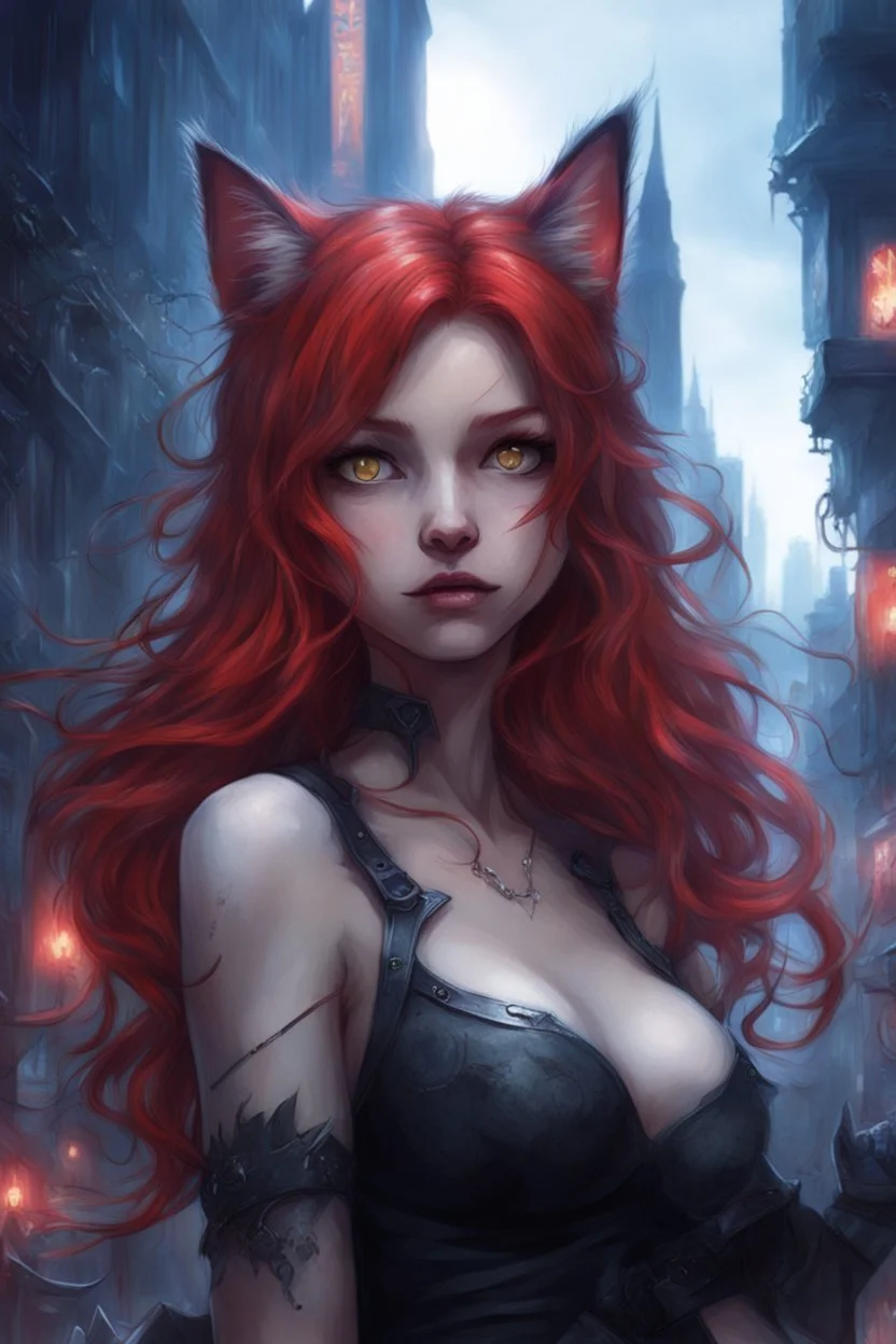 CAT GIRL, FANTASY, VINES, SOULLESS, FLUFFY TAIL, RED HAIR, METAL, CITY