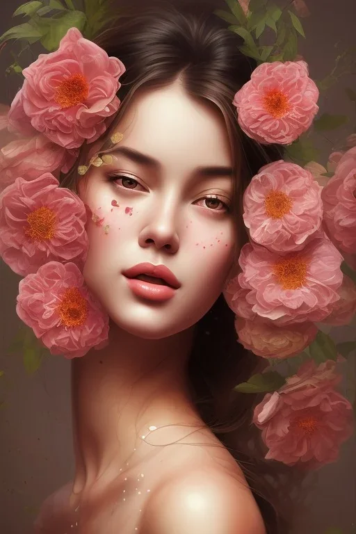 painting of flowers and beautiful girl portrait, scaffolding, decay, textured, anatomically correct, beautiful perfect face, sharp focus, highly detailed