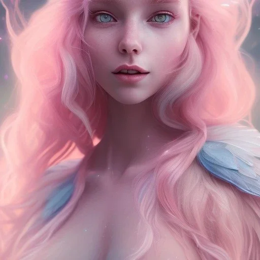 cheerful fairy, big smile, pink, blonde hair, beautiful, whole face, whole top hair head, wide open blue eyes, transparent wings onn the back, hyperrealism, masterpiece, expert, cinematic lighting, sharp focus, 8K, pastel, macro lens, woman, detailed, flower