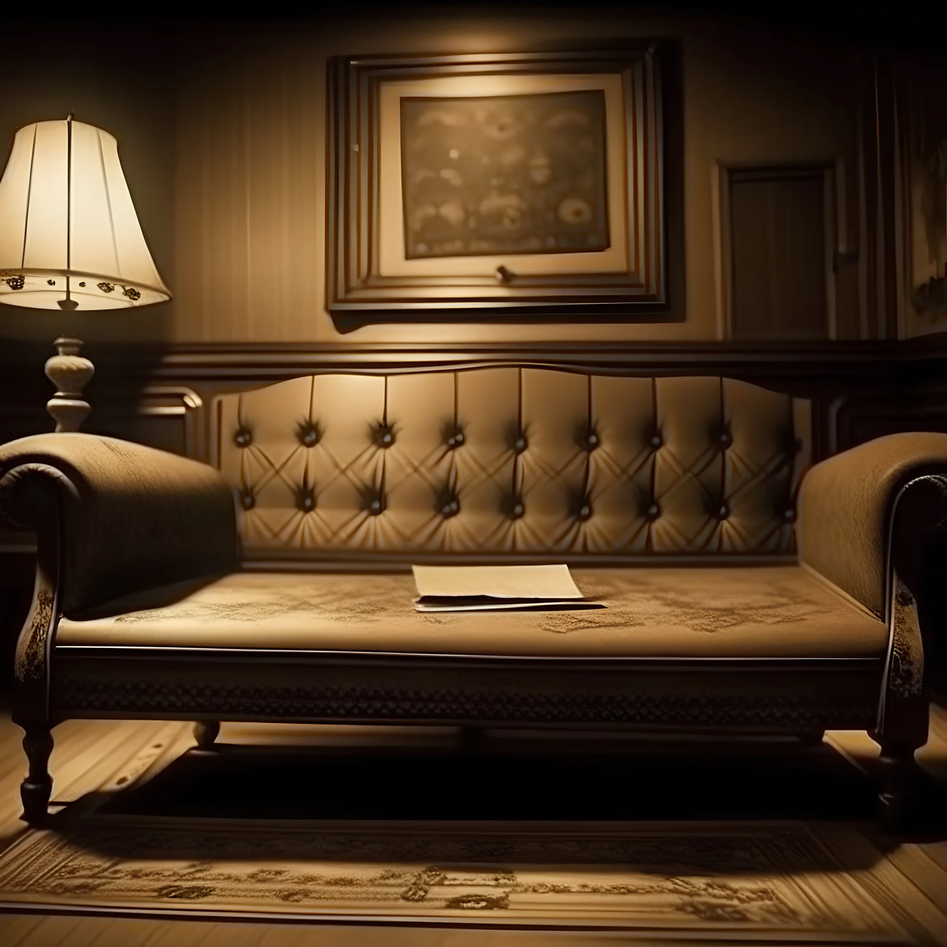 Strange mysterious buinsess card under the sofa in apartment. Make it cinematic and in sepia