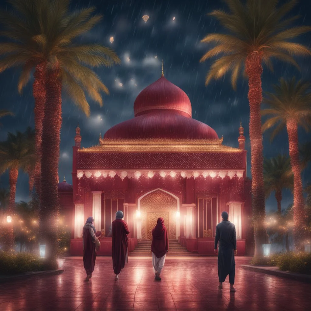 Hyper Realistic people outside beautiful maroon decorated mosque with garland lights & sky lanterns at rainy night with palm trees, grass patches & water fountains