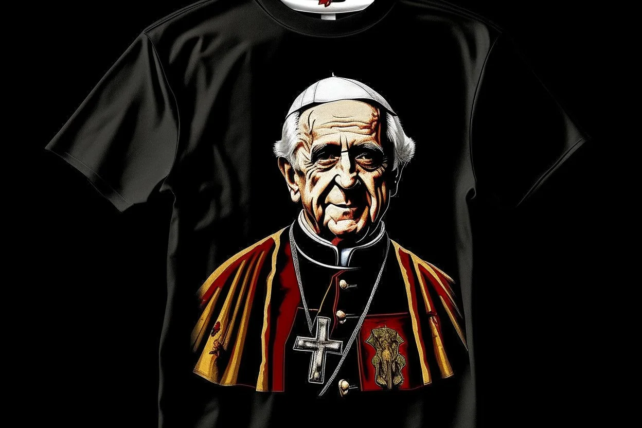 Crée une photo du pape Benoît portant un t shirt du groupe slayer
