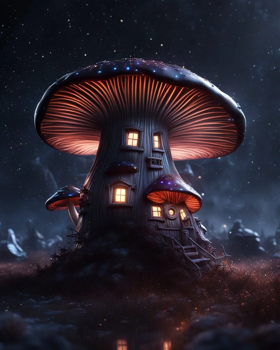 An illogically floating mushroom house on a clear night. silver and platinum and chrome, Stars Dark cosmic interstellar. Detailed Matte Painting, deep color, fantastical, intricate detail, splash screen, hyperdetailed, insane depth, concept art, 8k resolution, trending on Artstation, Unreal Engine 5, color depth, backlit, splash art, dramatic, High Quality Whimsical Fun Imaginative Bubbly, perfect composition