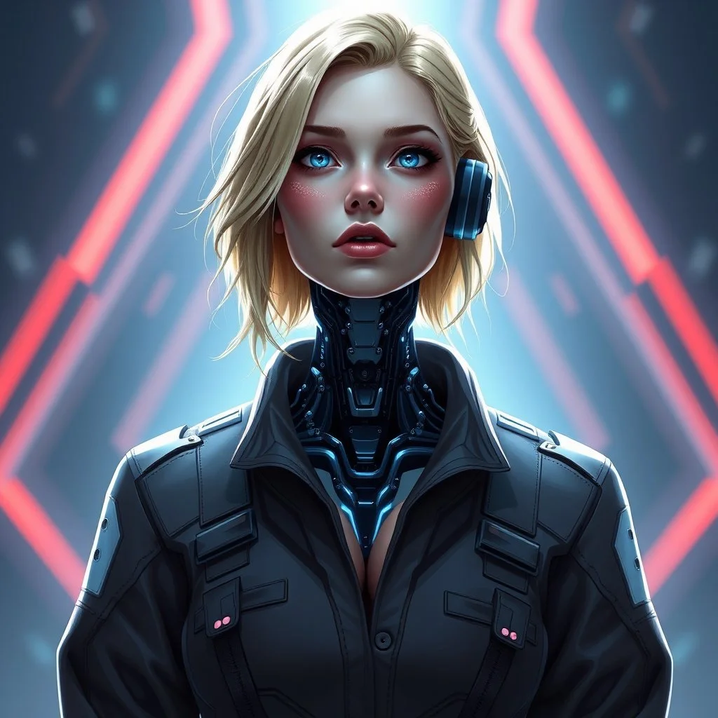 an intelligent blonde woman wearing jumpsuit, robotic neck and chest, digital art, stylised