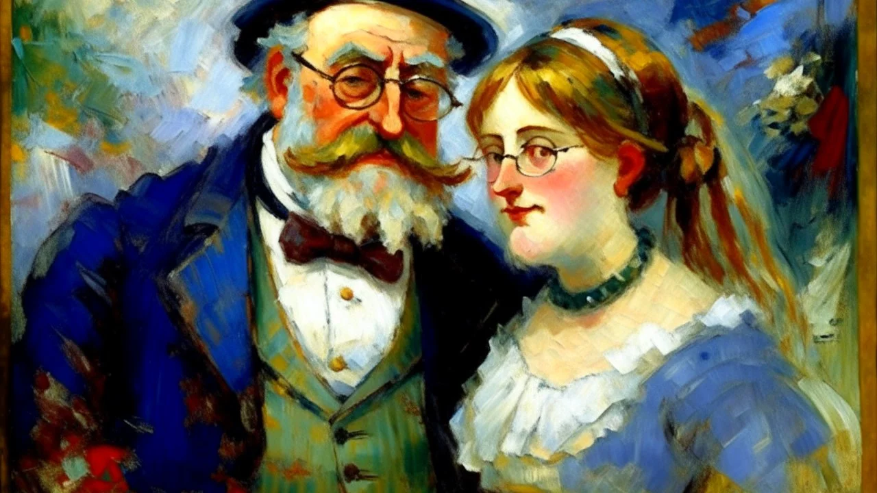 Eccentric Elegance with white glasses, Impressionist painting of an odd couple from 1890. The man is very thin, the wife is very fat, in the Victorian American style. Rough, rough brushstrokes, impressionist style painting