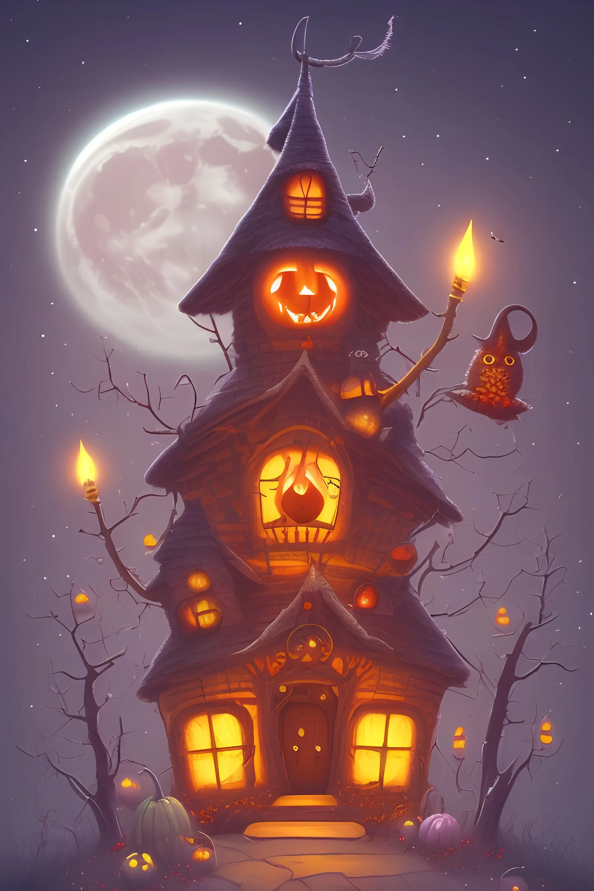 :: Illustrate a charming and whimsical haunted house scene with cute witch, quirky pumpkins, and scary owl, all surrounded by a moonlit sky