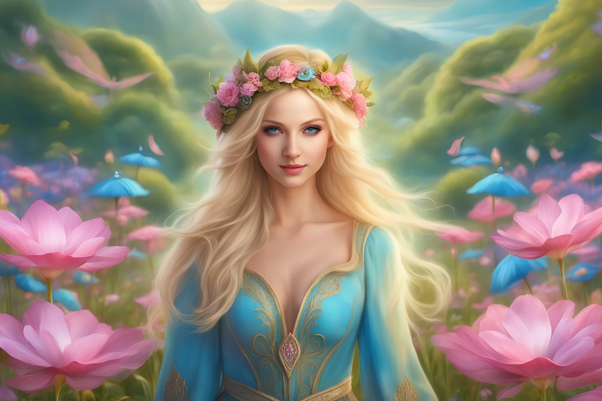 Enlighten amazing image Elegant Beautiful nice smiling elf faery with flowing blonde Hair, exploring the magical realm of Neverland magic bright pink blue colours. Picture her in a vibrant meadow surrounded by fantastical sweat creatures, lost in this timeless and(( dreamlike world)). Capture the essence of innocence, fear, and the endless obstacles that unfold in the encasing landscapes of Neverland stunning detail, creative, cinematic, amazing composition, fascinating, intricate details