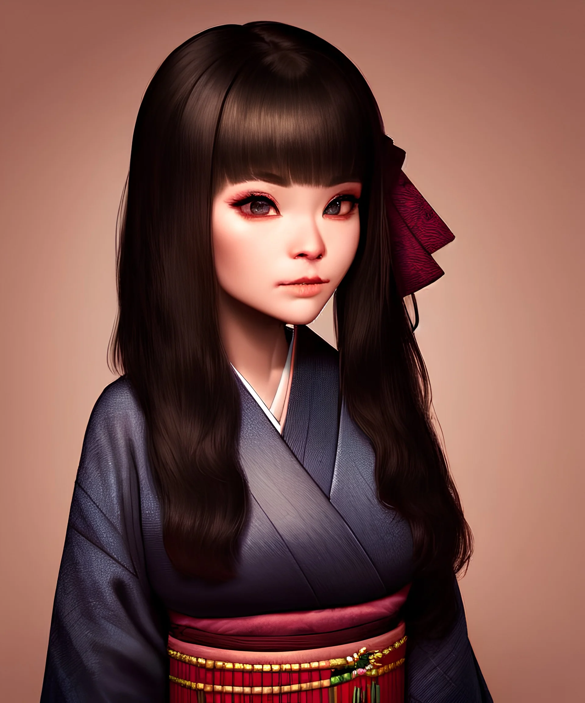 pixar style, ancient japanese temple environment, extreme closeup front face portrait of one cute young loli princess, traditional kimono, slim, slightly squinting, excited facial expression, smirking or pouting, long fringed wavy messy random hairstyle, deep dark real humanly eyes, perfectly round iris, fine detailed long eyelashes, realistic shaded perfect face, round face, blushing, sharp focus, small bosom, chibi, kawaii, gothic, artwork by shinichiro watanabe