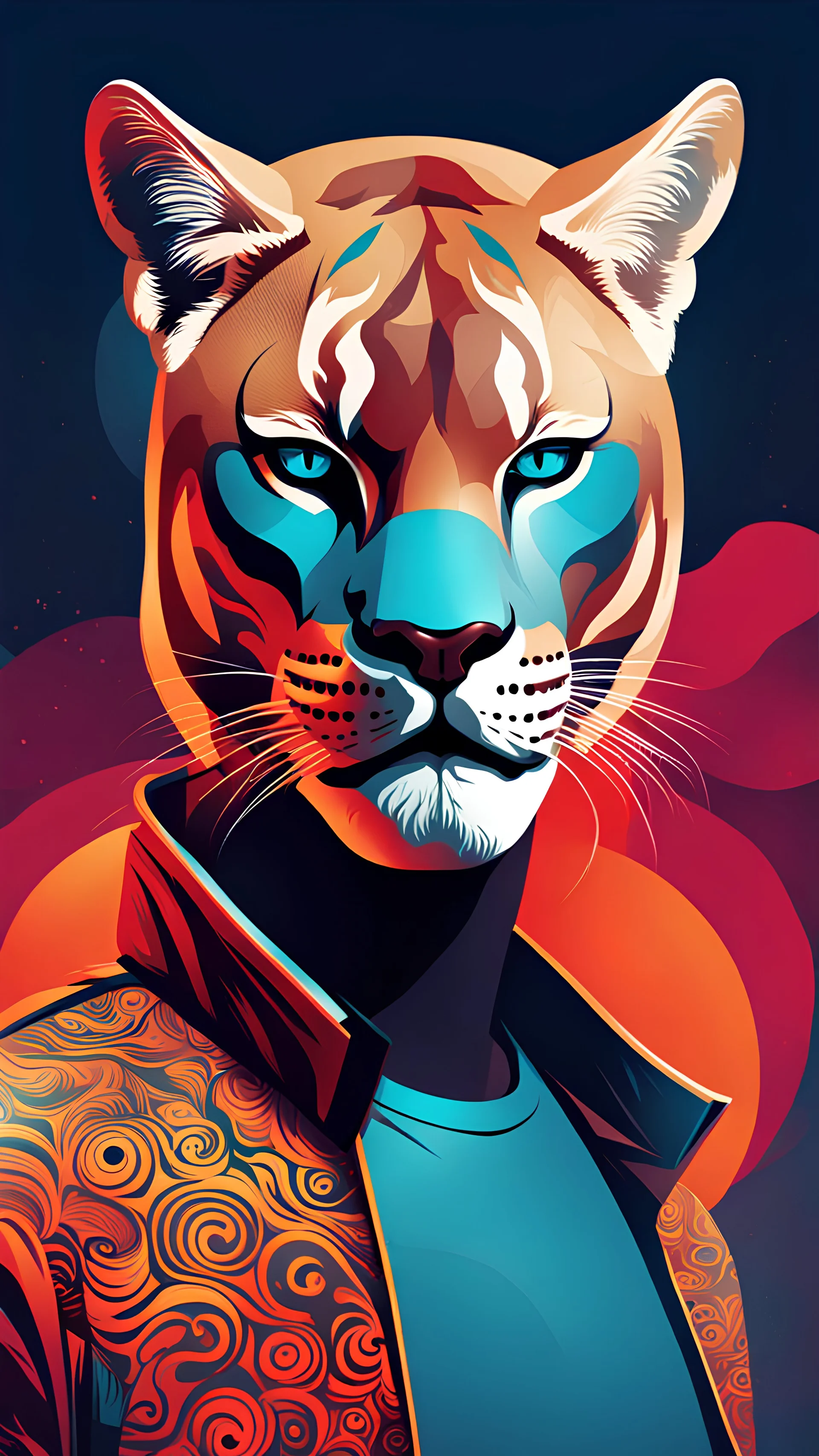 Cougar man man with puma mask in his eyes art stylized illustration complementary colors quality ultra 12k