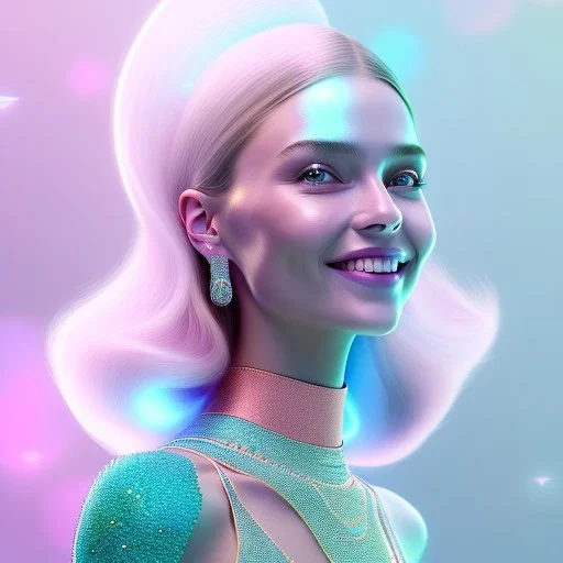 A portrait of a crystalised girl,smiling, laughting longs thin hairs blue, atmospheric, realistic,, cinematic lighting, octane render,, pink turquoise light, white skin, pink atmosphere, nice smile, jewels brillant, blue eyes, soft face, big smile, very happy, 8K hight quality, bright eyes light