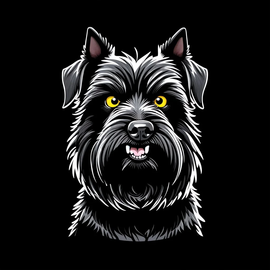 an angry scruffy black terrier on black background, yellow eyes, defined teeth, illustration