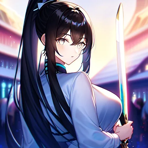 Clear focus, 8k, girl, high quality, detailed, black long ponytail hair, white eyes, beautiful lighting, vibrant colors, holding sword