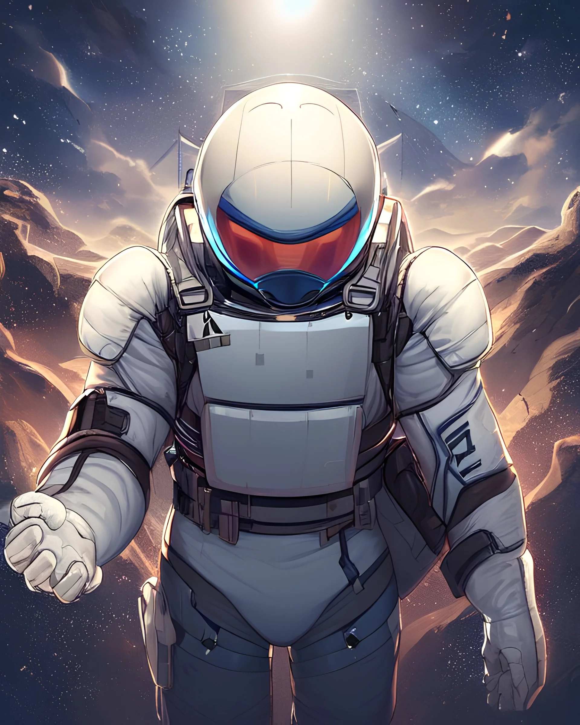 male astronaut with a helmet on looking straight at me