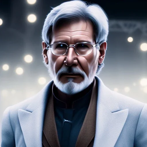 handsome cosmic harrison ford, white hair in the wind, brown eyes, white beard, no moustache, large forehead, scifi suit, perfect composition, super detailed, 8k, high quality, intricate details, highly detailed, lights in background, octane render