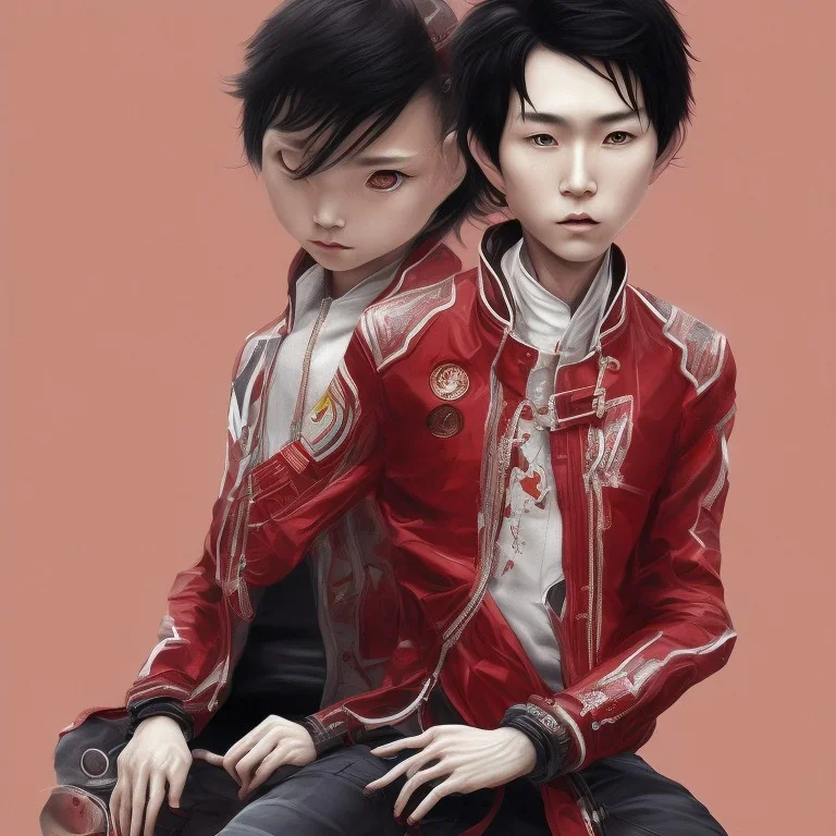 robotic japanese boy, black hair, sitting on floor with back to back, red akira jacket, extremely detailed, extremely realistic