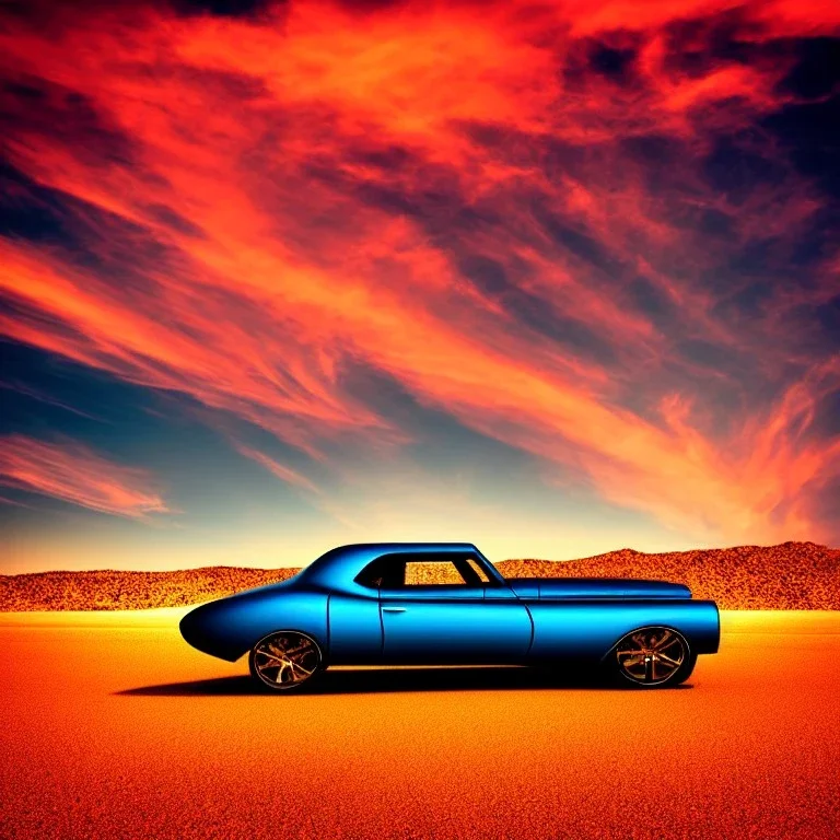 art deco, muscle car, desert road, sunset, full colour, hd,