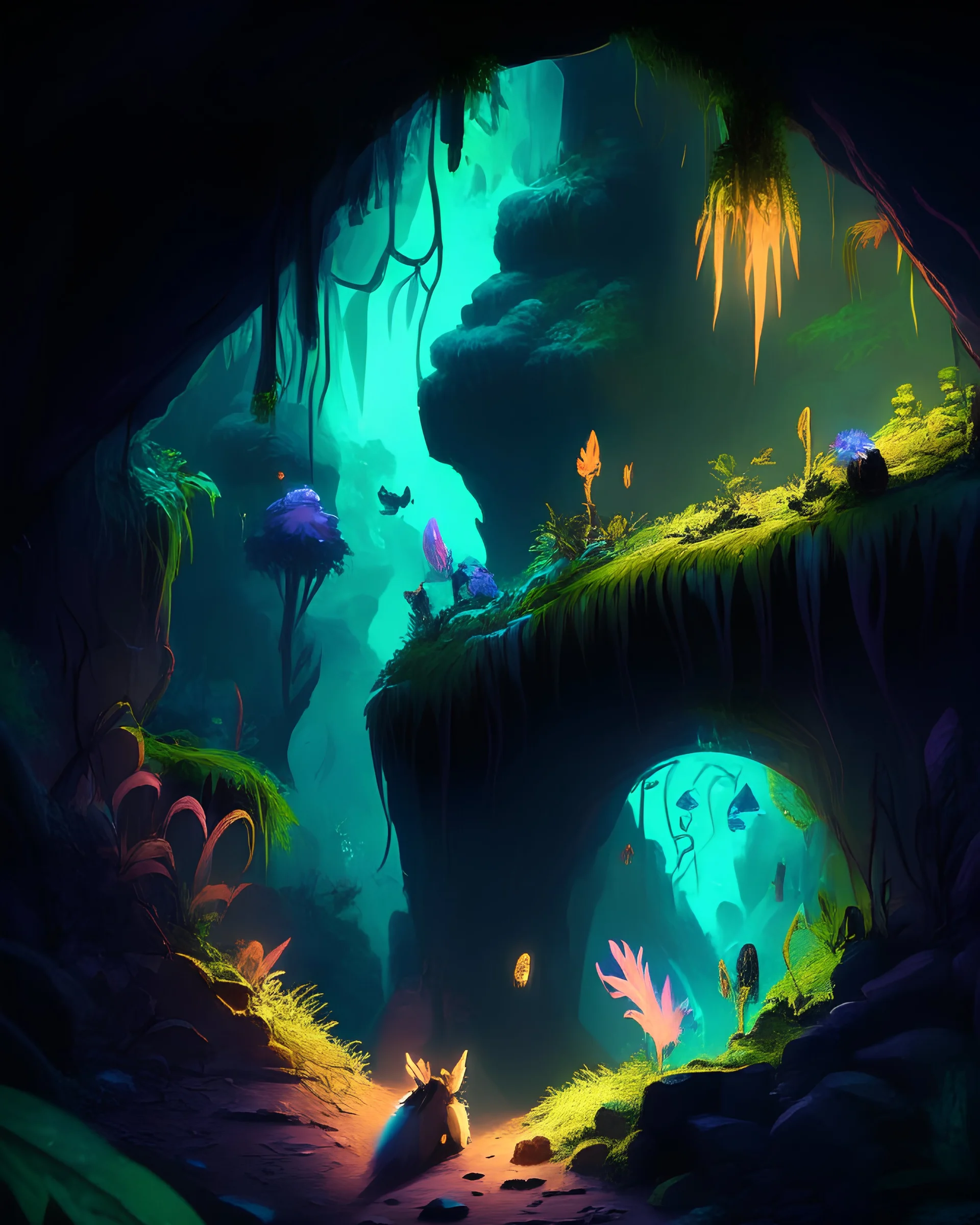 Vue d'un village fantastique et mystérieux situé dans une grande caverne très sombre. Des plantes luminescentes fantastiques jonchent les parois de la caverne. Des animaux fantastiques à fourrure colorée se déplacent ça et là. La végétation est luxuriante.
