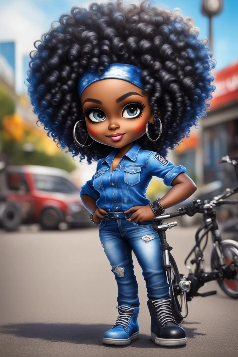 create an airbrush illustration of a chibi cartoon voluptuous black female wearing a blue jean outfit with a tie dye tshirt with biker boots. Prominent make up with hazel eyes. Extremely highly detail of a tight curly black and shiny afro. Background of a bike show