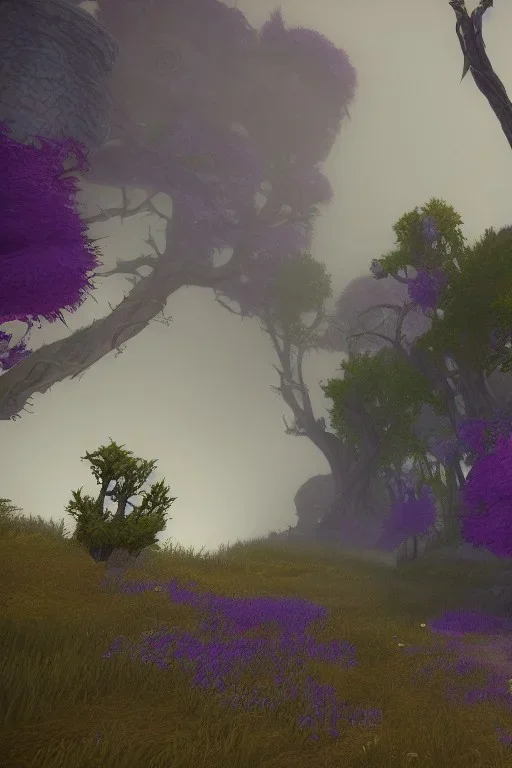 world of warcraft, r crumb, scenery, unreal engine 5, rtx, warcraft 3, ashenvale, teldrassil, unreal tournament, dues ex videogame,mmo, 2004, overcast, misty, cloudy, flowers