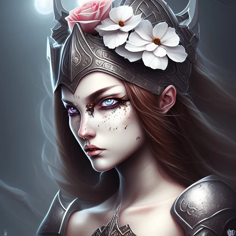 lady warrior with white top and black eyes and flower