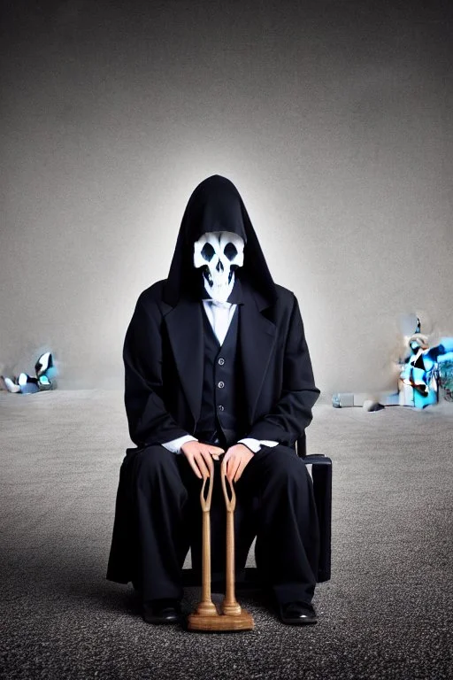 photo of a hoodless grim reaper wearing a suit, highlighting shiny areas of the skull, sitting outside a cemetery with a welcome sign, wearing suit, rim lighting, studio lighting, looking at the camera, dslr, ultra quality, sharp focus, tack sharp, dof, film grain, Fujifilm XT3, crystal clear, 8K UHD