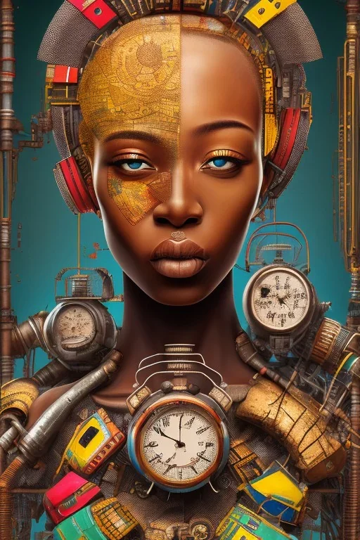 african portrait in rusted clocks, clock on face, rust, scaffolding, ghana colours, cyberpunk, high detail