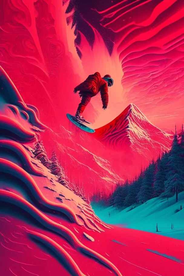 Snowboarding, psychedelic, red tones, fantasy landscape