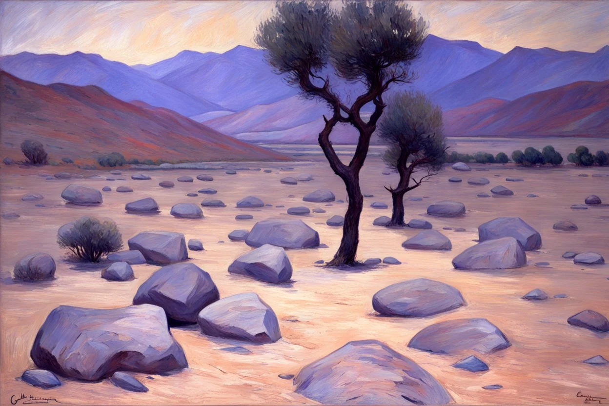 Dry trees, night, arid land, vegetations, rocks, little river, mountains, gustave caillebotte impressionism painting