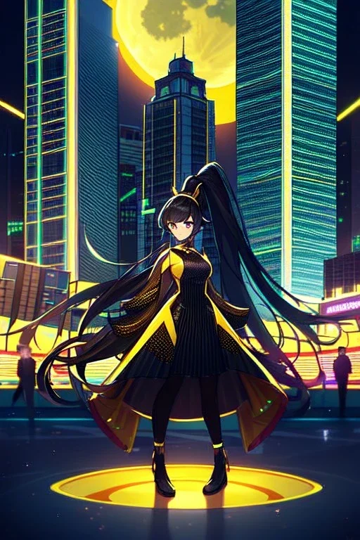 girl, masterpiece, best quality, cinematic lighting, detailed outfit, perfect eyes, black hair, golden eyes, long hair, ponytail, girl standing in a modern cityscape at night with a bright yellow moon in the background, detailed cityscape illustration, neon lights, vibrant colors, dramatic lighting,