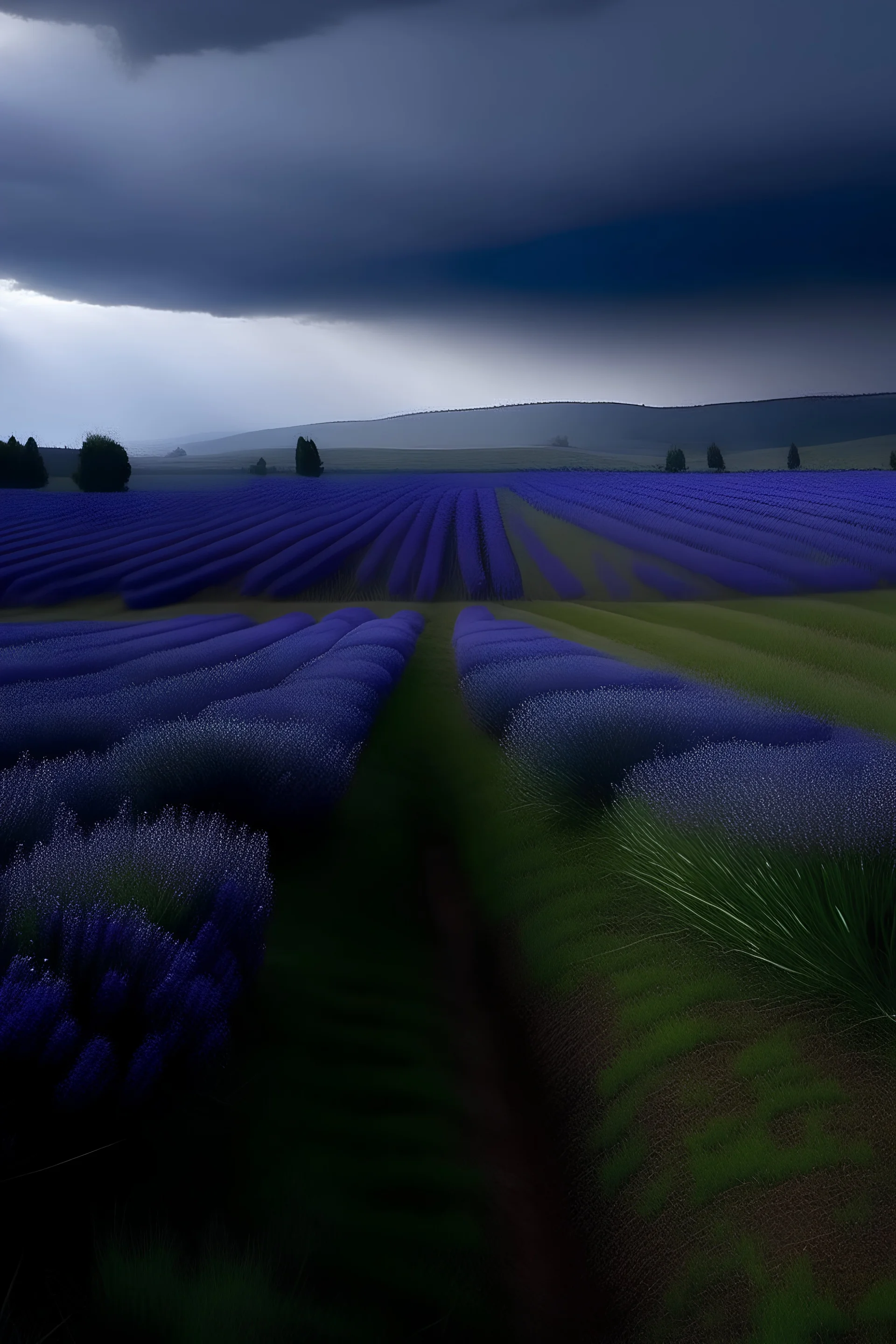 campo con plantación de lavandas en una montaña bajo la lluvia, iluminación total