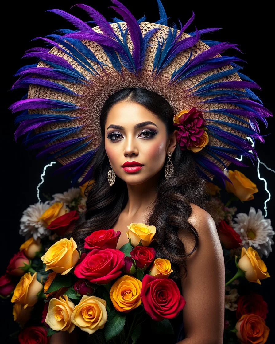 Photorealism Studio lightning perfection body beautiful pretty supermodel luxury glamours makeup artistic,wearing adorned large hat Mariachi mexican fashion Adorned Majestic feathers, fiery purples, deep blues, stark black bg, assortment of roses, full bloom, yellow, red, contrast, artistic flair, intricate details, textures, natural beauty, harmonious blend, adorned flowers background