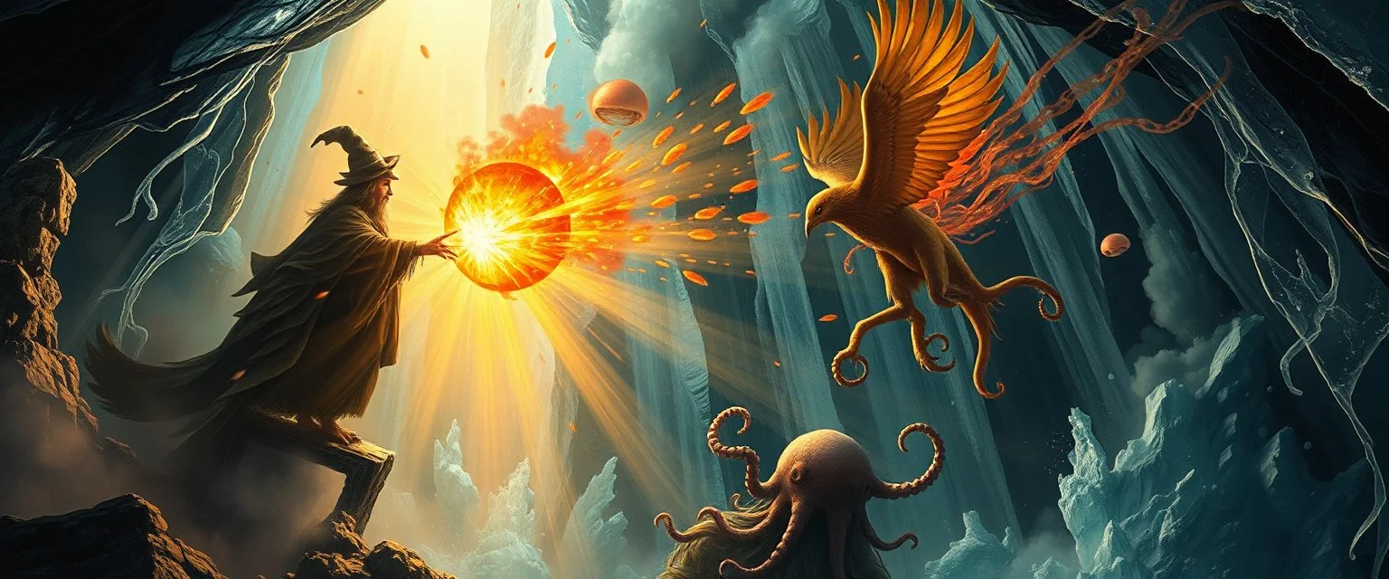 pin hole cam, fire smoke and fog and light rays, phoenix jellyfish octopus space ship bird witch in icy waterfall looks beyond really powerful slapping a bird in the face with fire, fantasy illustration, in the style of Rembrandt
