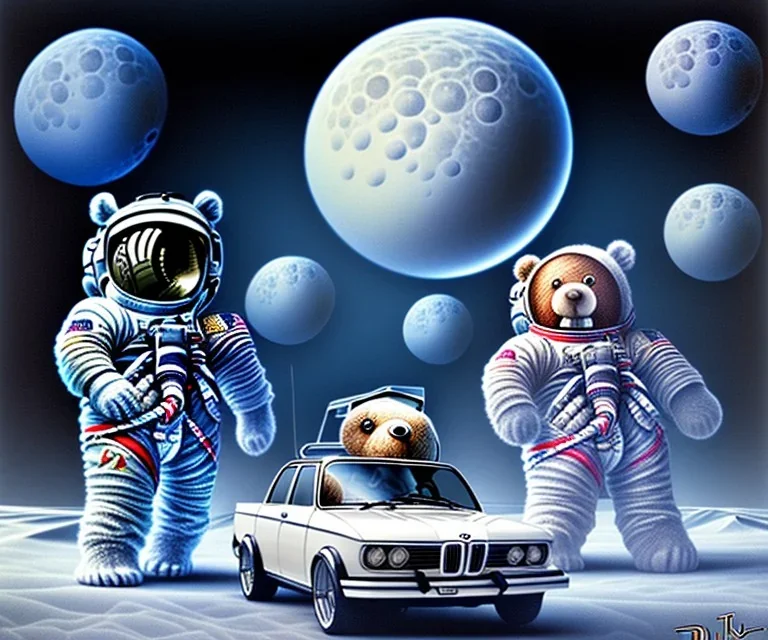 little boy and big teddy bears on moon. drifting in old bmw. oil on canvas